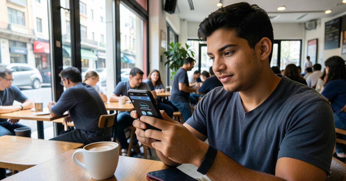 Jovem usando internet móvel no celular em uma cafeteria